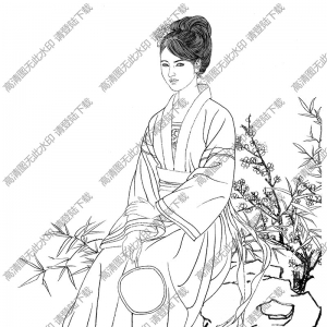 古代仕女《冷艷紅袖》白描圖片高清下載