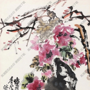 王個(gè)簃國(guó)畫(huà)作品 墻角花開(kāi)紅爛漫 高清下載